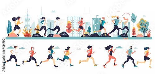 Obraz na płótnie Collection of illustrations with people running, exercising and training in city landscape on white background vector illustration w salonie