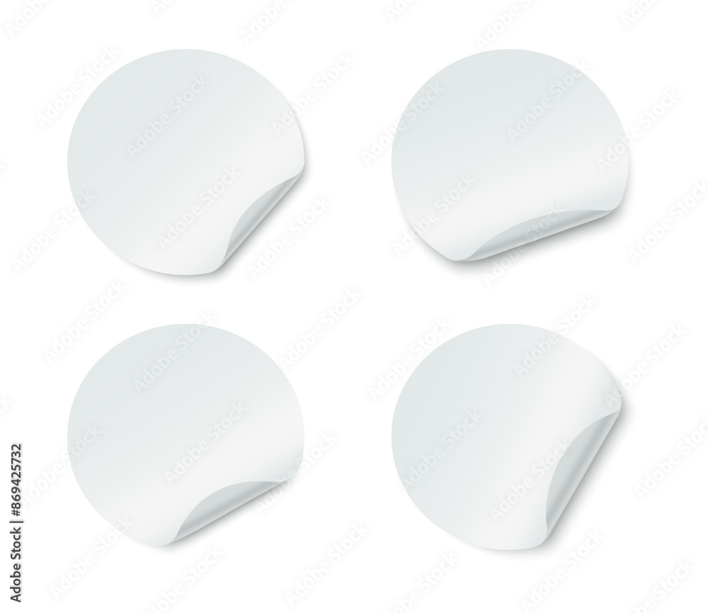 Blank round adhesive stickers set with curved corner. Realistic circle paper stickers with curved edges. Empty mockup round sticky label. Vector illustration. Blank round adhesive stickers set with curved corner. Realistic circle paper stickers with curved edges. Empty mockup round sticky label. Vector illustration.