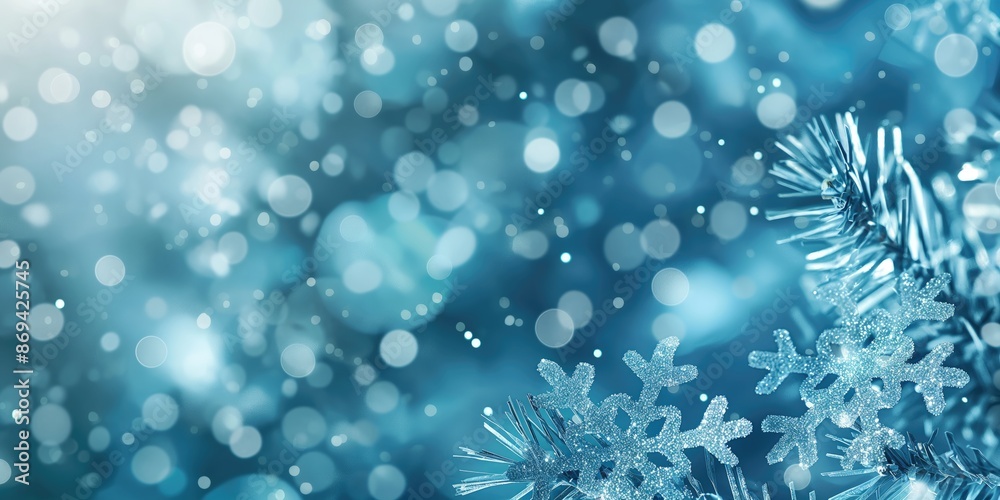abstract Christmas theme background, Christmas ornaments and garland on light background, snowflakes, space for copy text abstract Christmas theme background, Christmas ornaments and garland on light background, snowflakes, space for copy text