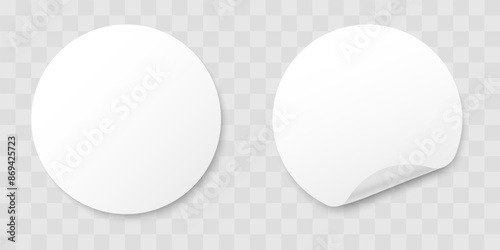 Blank round adhesive stickers set with curved corner. Realistic circle paper stickers with curved edges.  Empty mockup round sticky label. Vector illustration..