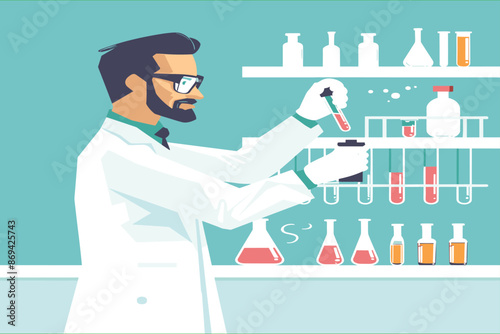 Scientist man in lab coat and glasses making experiment in chemical laboratory. Vector illustration. Scientist laboratory. Male in lab concept who making research.