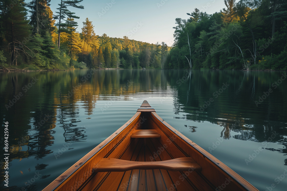 Canoe drifting on a serene lake surrounded by trees Canoe drifting on a serene lake surrounded by trees