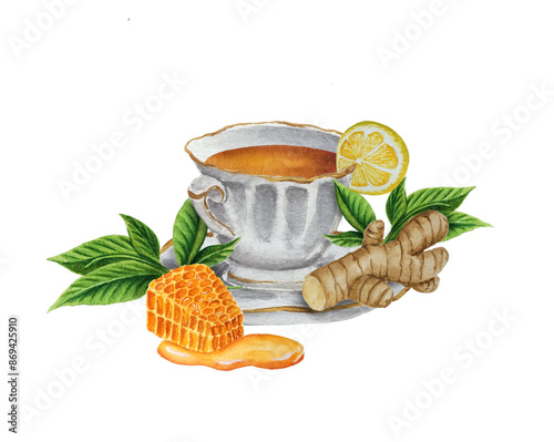 Watercolor white ceramic cup of ginger tea with lemon, honey, mint. Alternative medicine, natural homemade remedy for cold and flu.