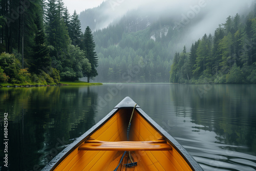 Canoe drifting on a serene lake surrounded by trees