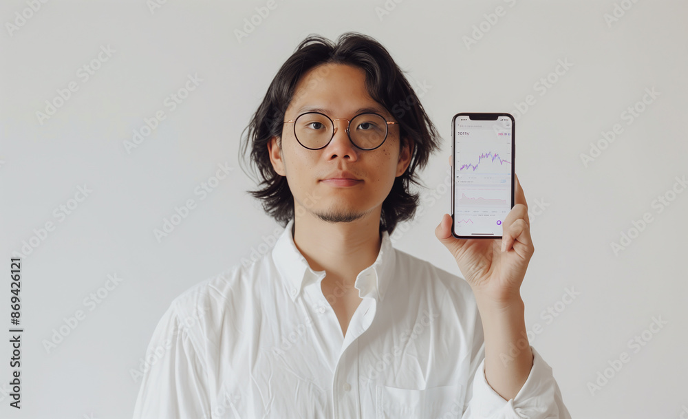 Asian Man with Blue Glasses Using Stock Market App on iPhone Asian Man with Blue Glasses Using Stock Market App on iPhone