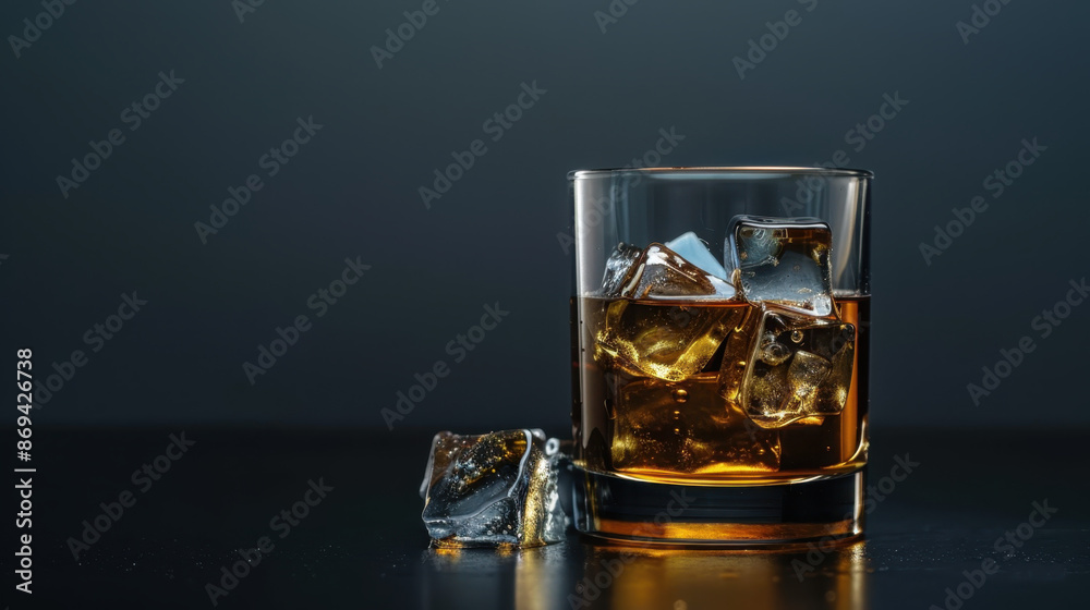 Glass of whiskey with ice cubes on dark gradient background Glass of whiskey with ice cubes on dark gradient background
