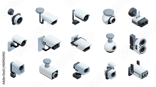Set of isometric security cameras. Icons with different CCTV or surveillance cameras for property protection. Video monitoring and observation. 3D realistic vector illustrations isolated on background