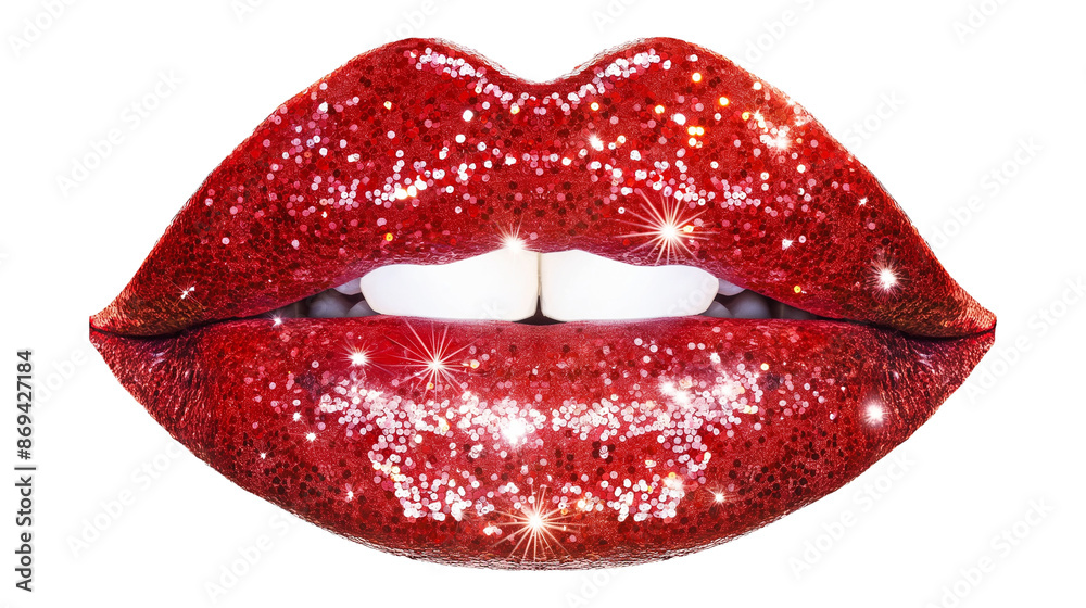 A close-up of a red lip with glitter on it isolated on a white background A close-up of a red lip with glitter on it isolated on a white background