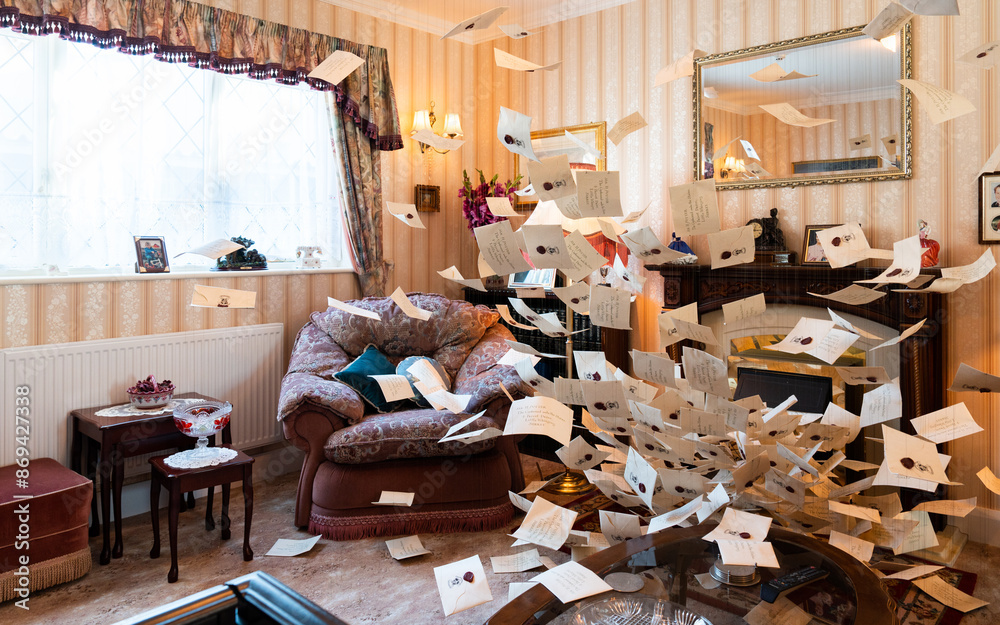 Fototapeta premium JAPAN - Nov 13, 2023: Hogwarts envelopes flying from fireplace around vintage style living room whimsical and enchanting at Warner Bros. Studio Tour Tokyo, The Making of Harry Potter