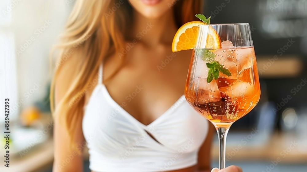 Fototapeta premium Aperol Spritz: Refreshing and vibrant, Aperol, prosecco, and a splash of soda water, garnished with an orange slice.