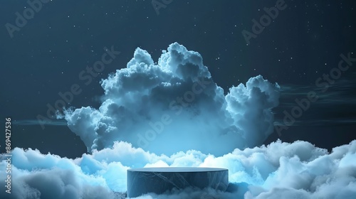 3D rendering podium with a blue round stage in the clouds on a dark night sky. product presentation, mock up, and display of products in the style of luxury brands or for advertising