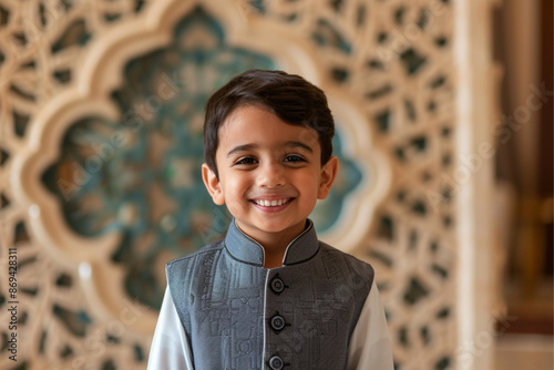 elegant Middle Eastern boy, wearing an Indian blue gray vest with white sleeves at the wedding venue in Dubai's hotel lobby, smiling and standing for photos. The background soft beige walls adorned  photo