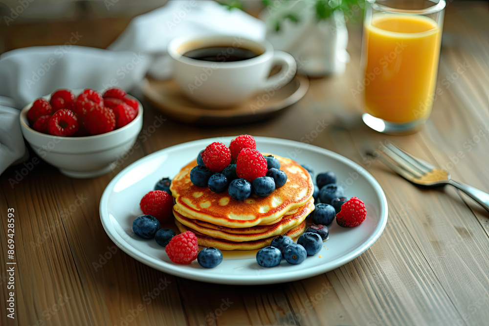 Pancakes with Raspberries and Blueberries and Coffee and Orange Juice on a Wooden Table
