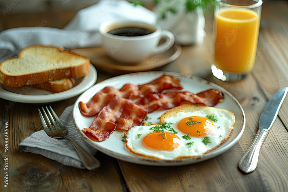 Delicious Plate of Fried Egg and Bacon with Coffee and Orange Juice on a Wooden Table Delicious Plate of Fried Egg and Bacon with Coffee and Orange Juice on a Wooden Table
