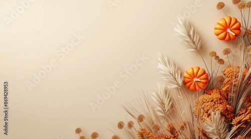 Autumnal Pumpkins and Wheat Sprigs on a Beige Background