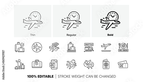 Boarding pass, Baggage claim, Departure. Airport line icons set. Connecting flight, tickets, pre-order food icons. Passport control, airport baggage carousel, inflight wifi. Line icons set. Vector
