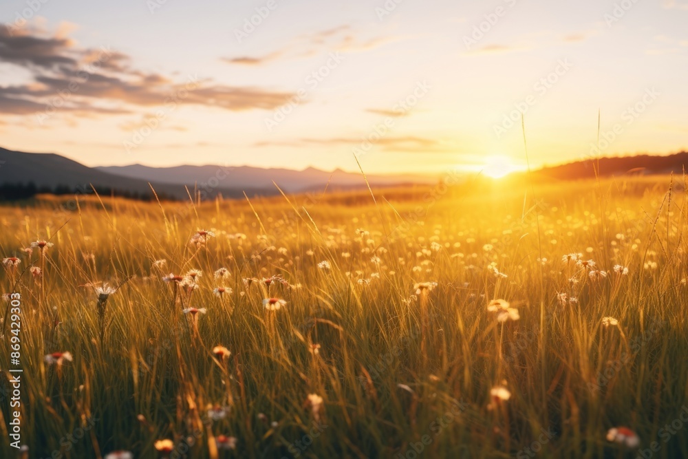 Fototapeta premium Sunset meadow landscape grassland sunlight.