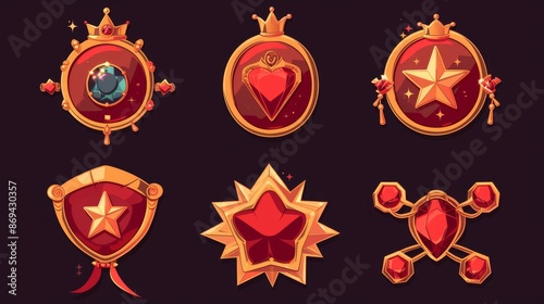 Round red badge with gold frame, gemstones, crowns and star decorations. Animation of evolution stages of royal trophy medal design.