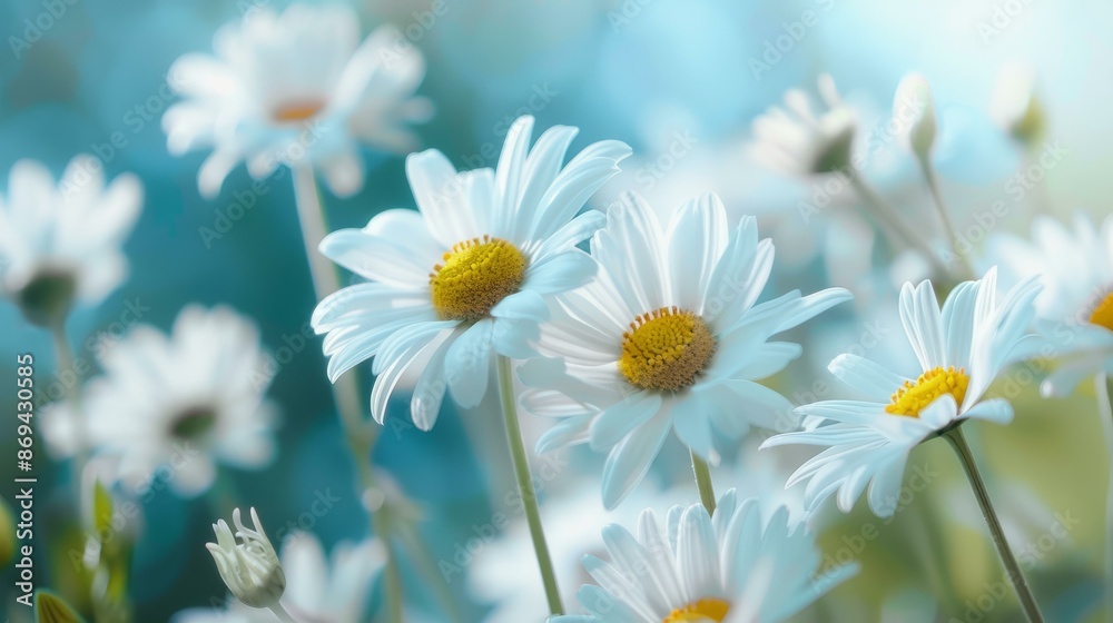 Fototapeta premium White daisies in summer breeze. Beautiful white daisies swaying in the summer wind, a serene and cheerful image evoking tranquility and joy.