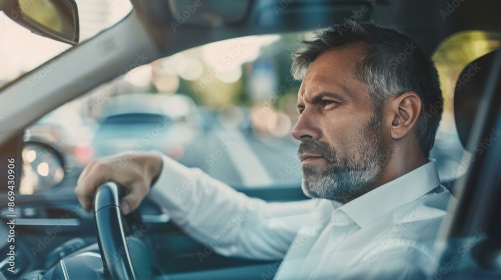Focused mature man driving car in traffic. Mature businessman with serious expression driving his car in city traffic. Focused mature man driving car in traffic. Mature businessman with serious expression driving his car in city traffic.