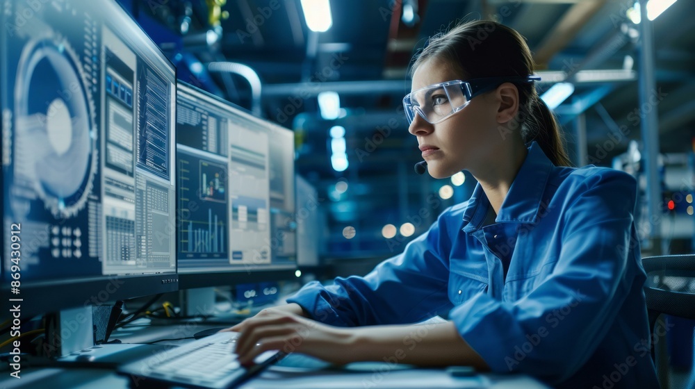 Fototapeta premium Female engineer monitoring manufacturing process on computer. Focused female engineer in safety glasses working on a computer in a modern factory control room