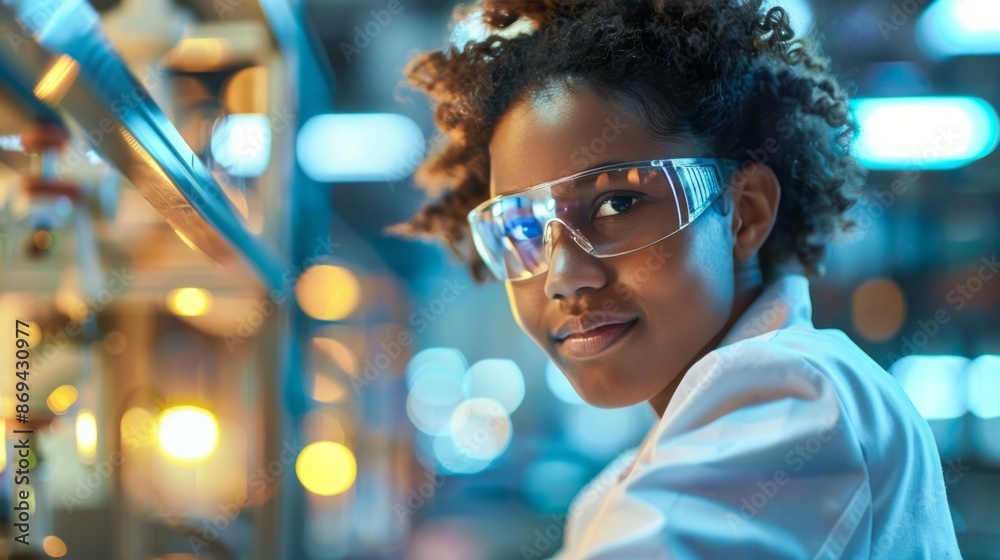 Young scientist in lab, confident and focused. Close-up of a young, focused female scientist in a lab setting, wearing safety goggles. Young scientist in lab, confident and focused. Close-up of a young, focused female scientist in a lab setting, wearing safety goggles.