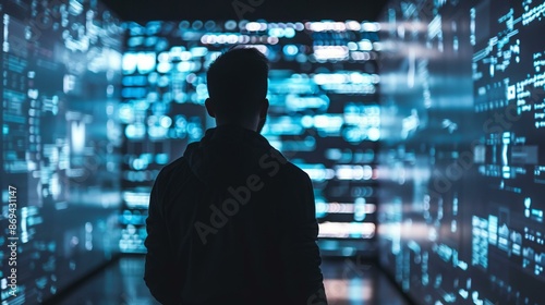 Man analyzing code in dark room. Silhouette of a man standing in front of glowing code, representing programming, cybersecurity, or data analysis concepts.