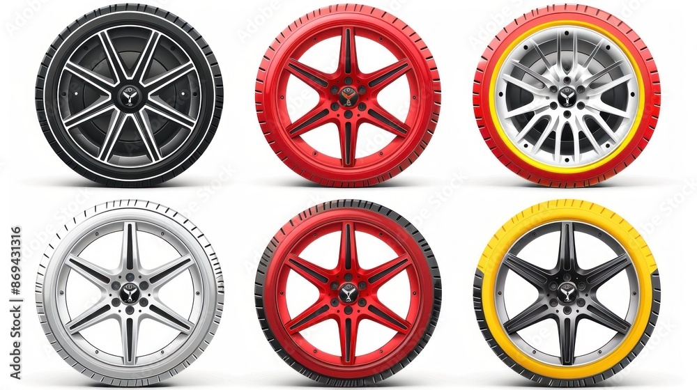 Six Car Wheels with Different Tire Designs Six Car Wheels with Different Tire Designs