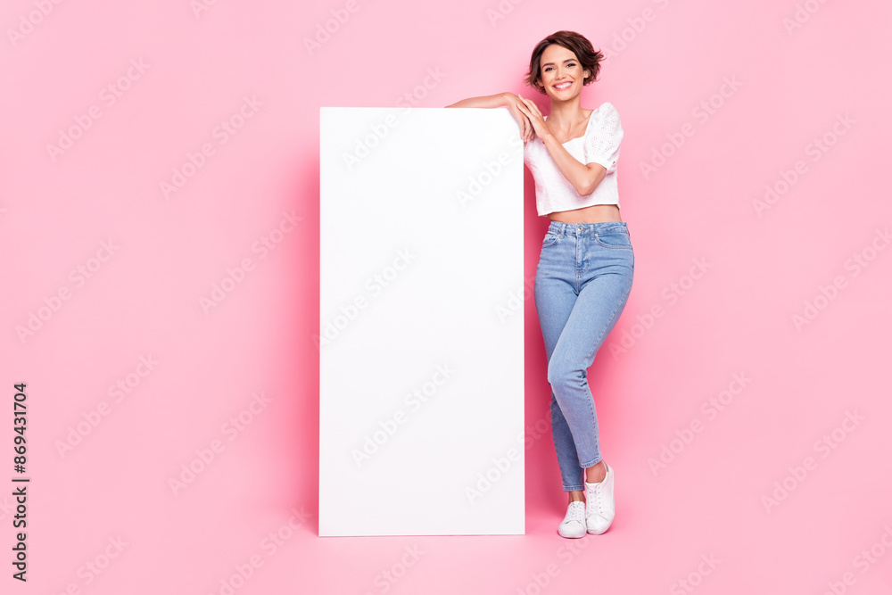 Full length photo of shiny cute lady wear white blouse modern gadget empty space isolated pink color background