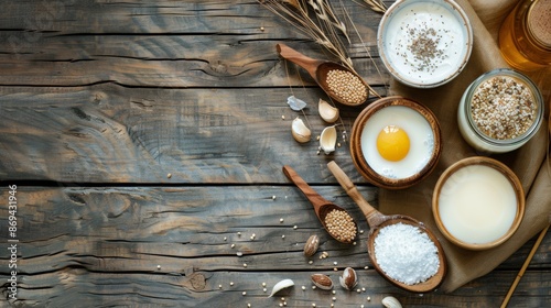 Various Dairy Products and Grains on Wooden Table