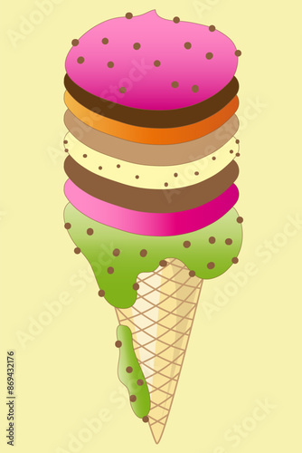 Cone with layers of very colorful ice cream of various flavors