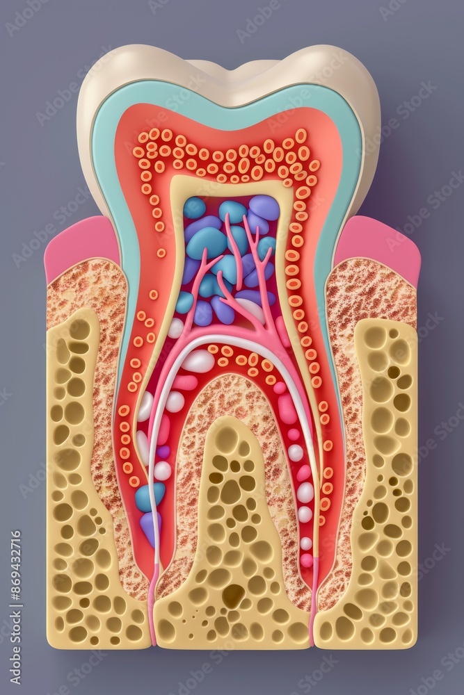 Detailed cross-section of a human tooth showing various layers including enamel, dentin, pulp, and nerve tissue. Detailed cross-section of a human tooth showing various layers including enamel, dentin, pulp, and nerve tissue.