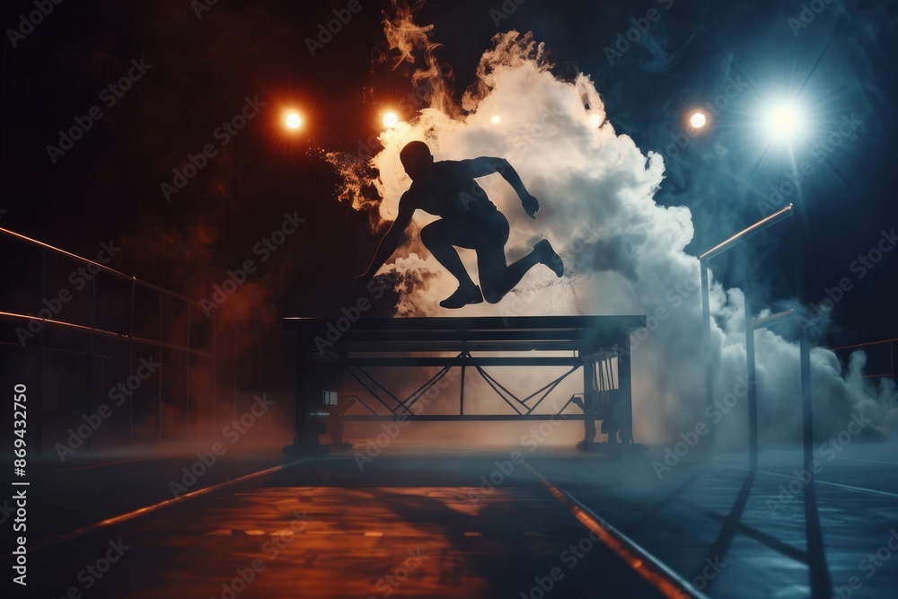 Obraz premium Dynamic athlete leaping over obstacle in smoke