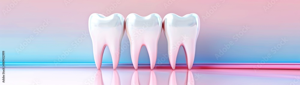Three white realistic tooth models displayed in a gradient background, representing dental health, oral care, and clean teeth. Three white realistic tooth models displayed in a gradient background, representing dental health, oral care, and clean teeth.