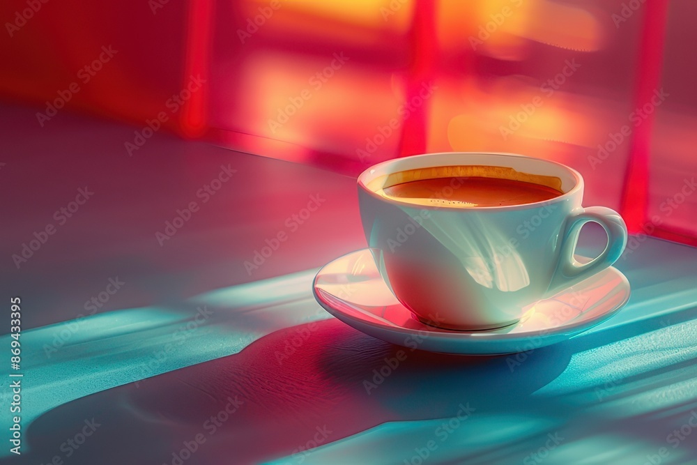 Obraz premium Cup of coffee on the table in the cafe. Colorful background.