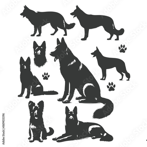 German Shepherd dog silhouette vector set - Vector drawing of a set of German shepherd dog breed silhouette