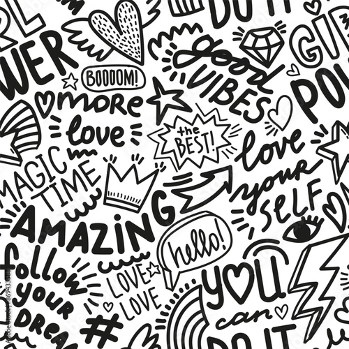 Abstract seamless pattern with hand draw words, hearts and signs. Funny black background. Wallpaper for cool teen girl