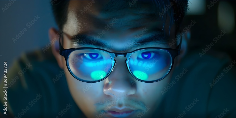 A young man in glasses codes late at night in dim room. Concept Computer Programming, Late Night Coding, Dim Lighting, Young Man, Eyeglasses A young man in glasses codes late at night in dim room. Concept Computer Programming, Late Night Coding, Dim Lighting, Young Man, Eyeglasses