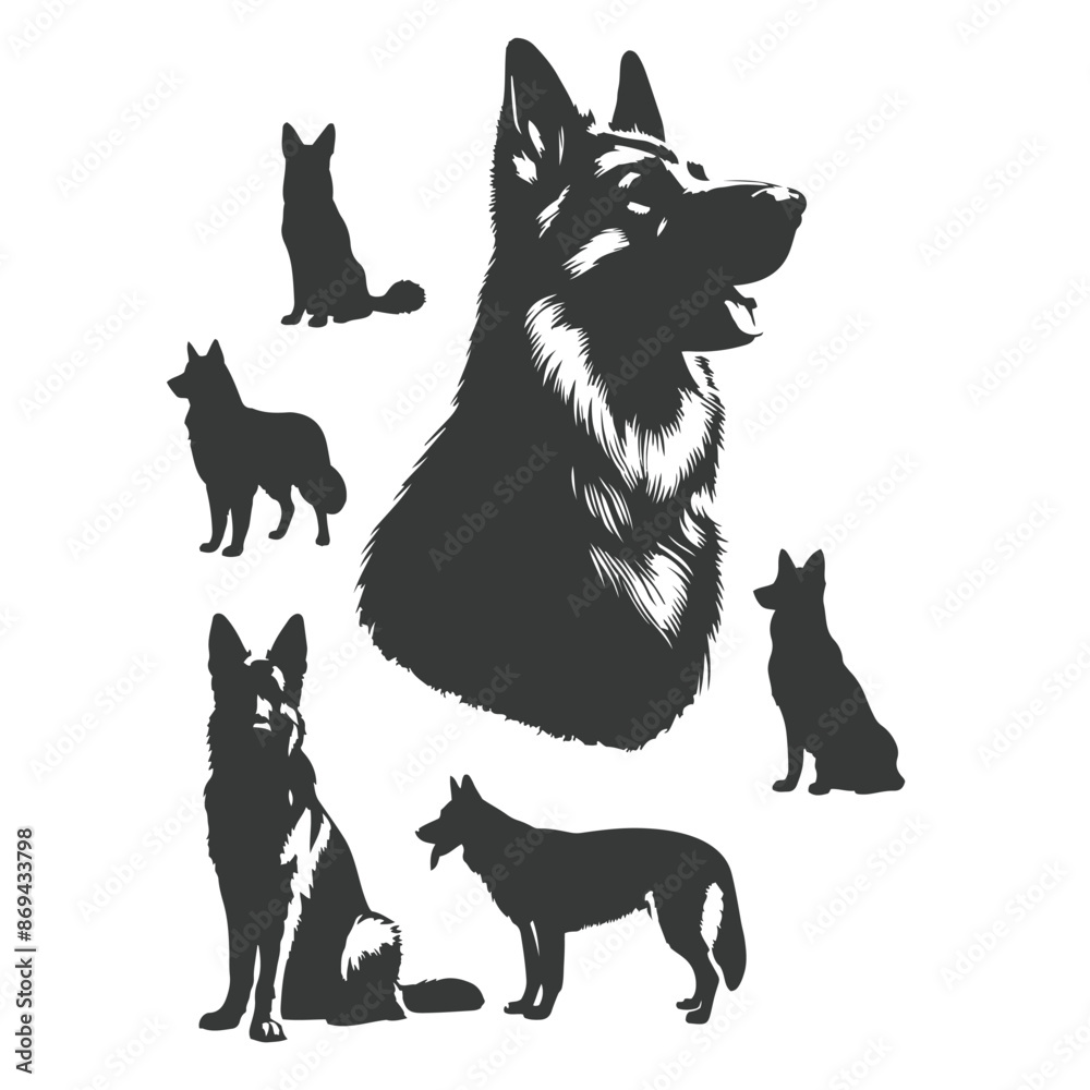 German Shepherd dog silhouette vector set - Vector drawing of a set of German shepherd dog breed silhouette German Shepherd dog silhouette vector set - Vector drawing of a set of German shepherd dog breed silhouette