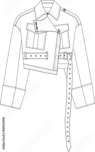 Belted asymmetric biker leather jacket vector technical drawing