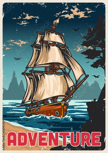 Sailing ship colorful vintage poster
