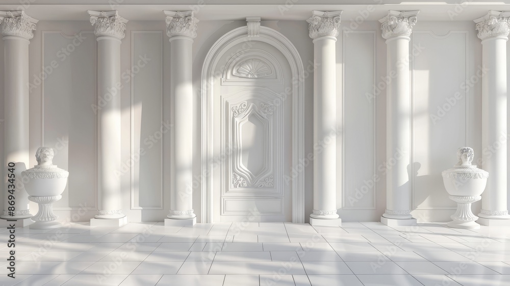 Interior of a room or a hall with white stone ancient roman column arch entrance door and decorative vase. Realistic 3D illustrations of ancient greek marble temple buildings with baroque sculptures Interior of a room or a hall with white stone ancient roman column arch entrance door and decorative vase. Realistic 3D illustrations of ancient greek marble temple buildings with baroque sculptures