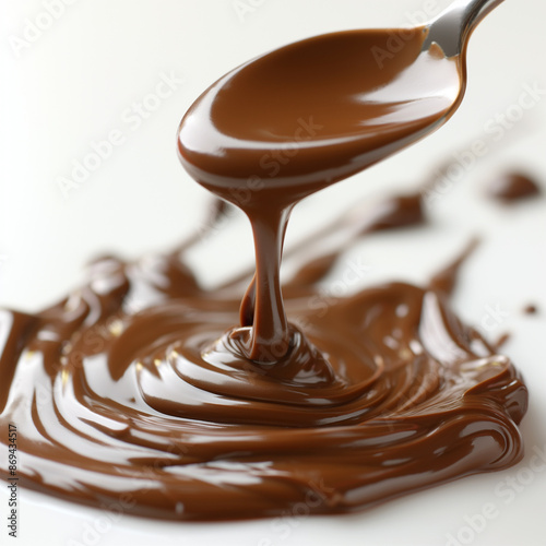 Melted milk chocolate pouring from spoons, isolated on white, ai technology