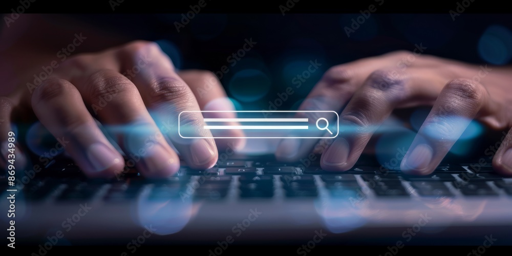 Hand typing on keyboard with search icon and cyber network connections, representing modern technology Hand typing on keyboard with search icon and cyber network connections, representing modern technology