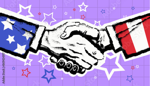 US presidential election handshake concept illustration Two hands shaking with USA flag elements on purple background with stars