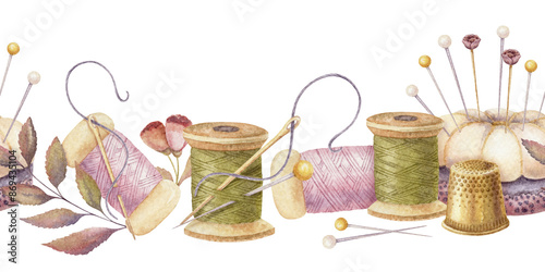 Photography Sewing kit seamless border watercolor painting with spool of thread and pincushion with pins