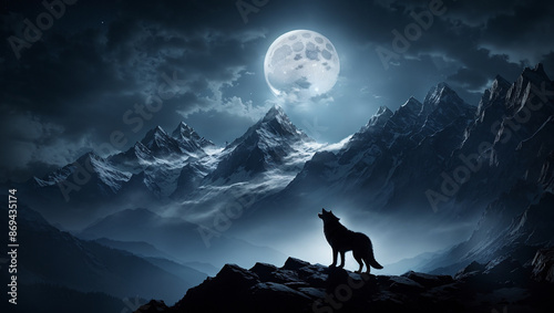 The image shows a silhouette of a wolf howling at a full moon in a field of tall grass.