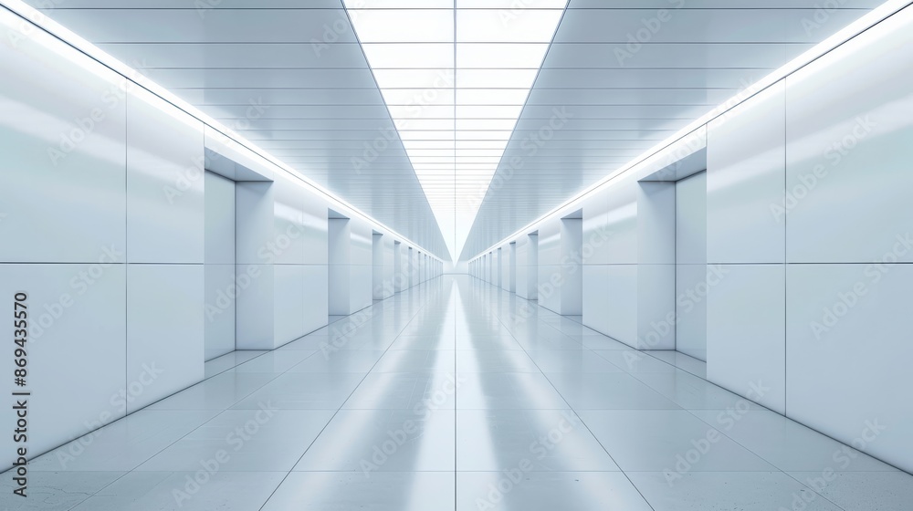Fototapeta premium A modern and sleek white corridor designed with minimalist style and LED lighting, creating a futuristic atmosphere