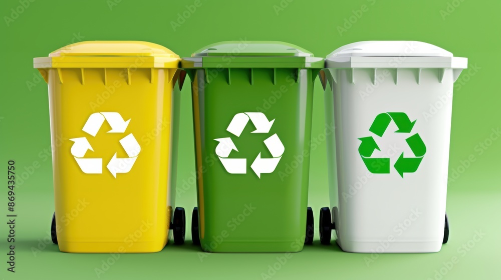 colorful recycling bins with symbols placed side by side against a solid green background colorful recycling bins with symbols placed side by side against a solid green background