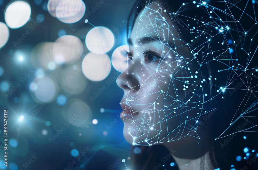 Digital facial scanning and AI processing create a futuristic illusion on a woman's face with dark blue background. Digital facial scanning and AI processing create a futuristic illusion on a woman's face with dark blue background.